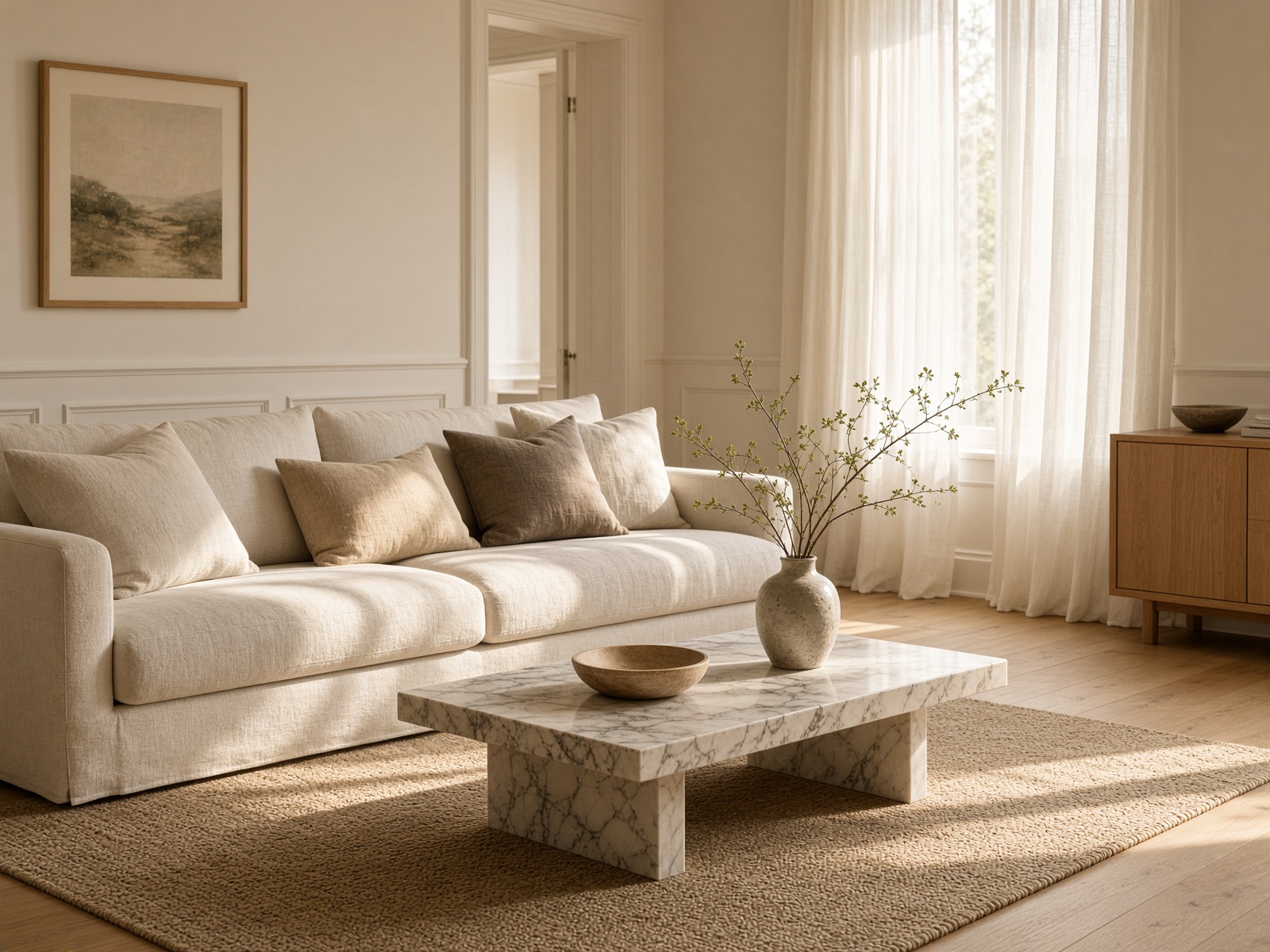A bright living room with a linen sofa and oak floors.