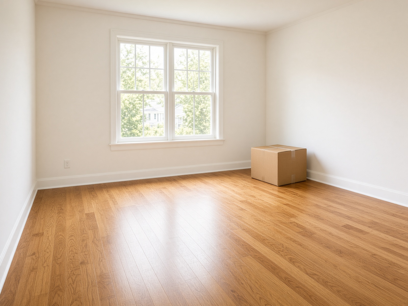 An empty sunlit room with clean oak floors.