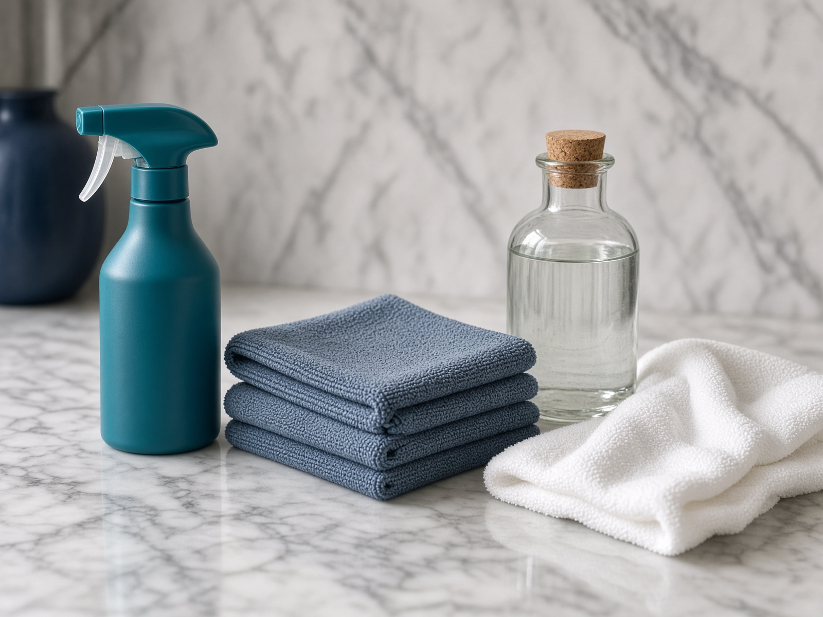Folded cloths, a glass bottle, and a spray bottle on marble.